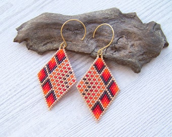 Diamond Shaped Bead Rhombus Earrings, Boho earrings, Beaded Earrings, Geometric red orange gold Bead Earrings, Miyuki Delica Beads Earrings