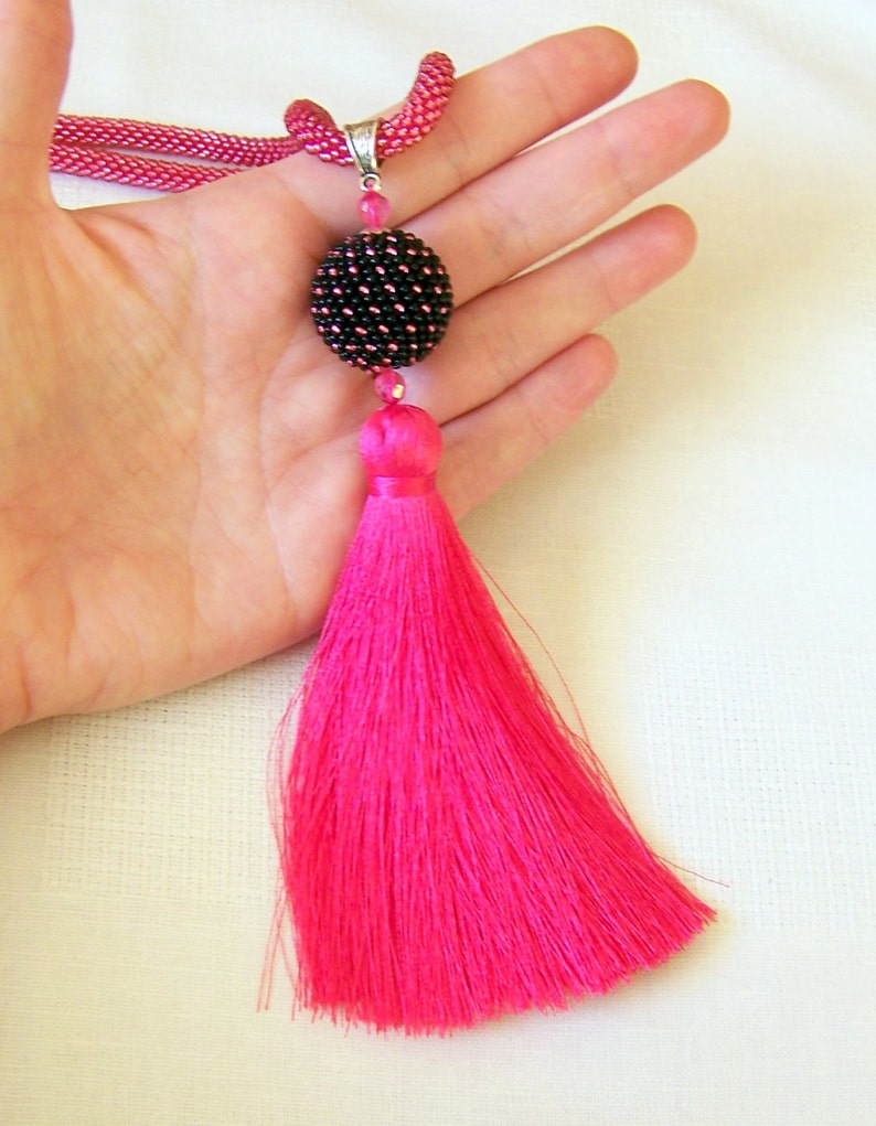 Hot Pink Tassel Necklace Long Necklace Bead Crochet Rope Etsy