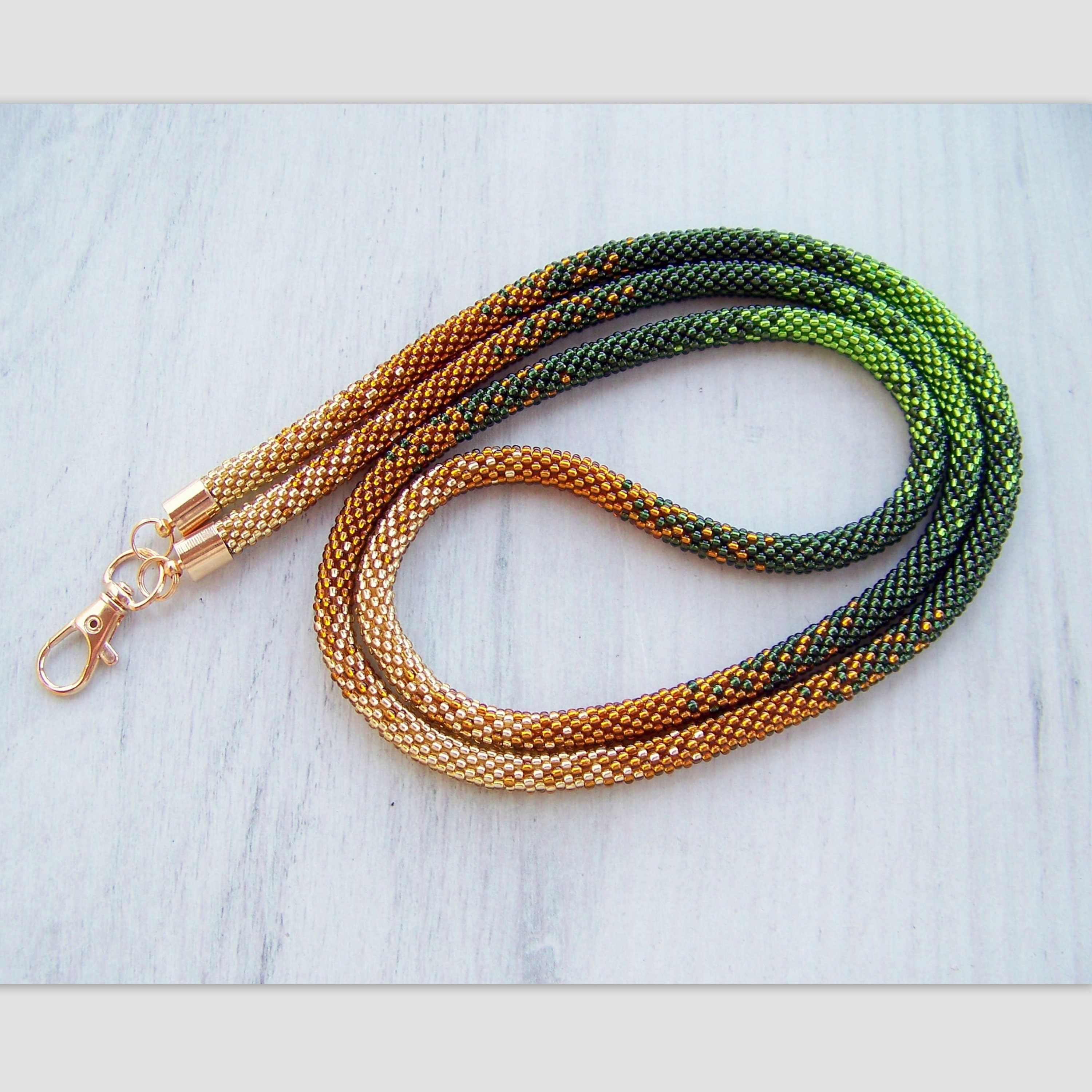Ombre style Lanyard - beaded badge holder - woman beaded lanyard - teacher ID card holder - nurse lanyard - gold green lanyard