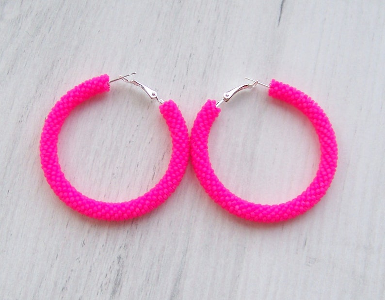 Neon hot pink hoop earrings hyper pink large hoops pary Etsy