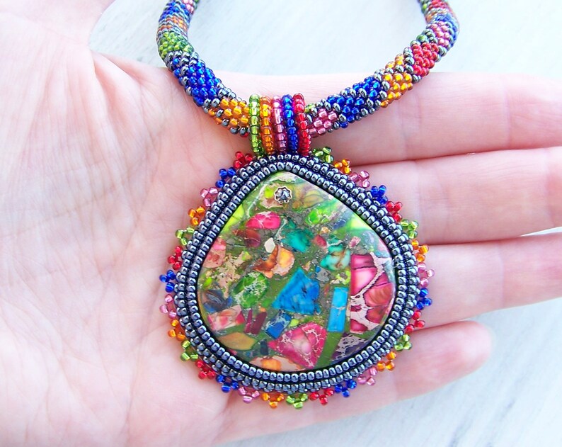 Bead Embroidery Necklace Pendant Beadwork With Rainbow Sea Etsy