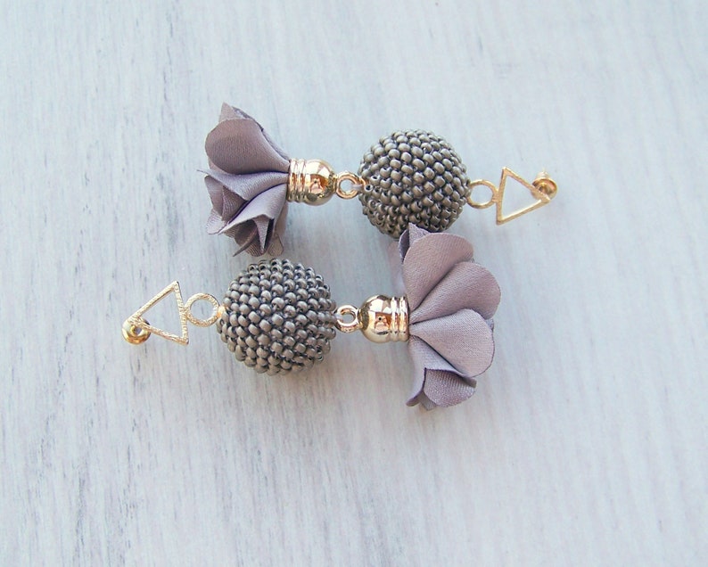 Beaded Ball Dangle Earrings Gray fabric flower earrings Etsy