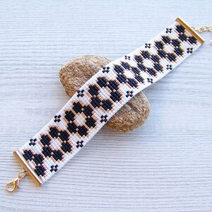 Black flowers in white bracelet, Light woven flowers loom square stitch Adjustable bracelet, boho seed bead flat bracelet