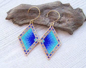 Geometric blue ombre Bead Earrings, Diamond Shaped Bead Rhombus Earrings, Boho earrings, Miyuki Delica Beads Earrings, Beaded Earrings