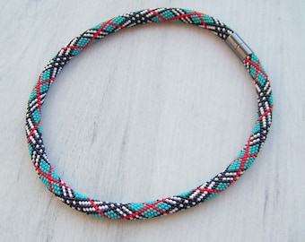 Geometric Lines Design Necklace - Beaded Crochet Necklace - Abstract Necklace - Chunky Necklace - Modern Turquoise Red Black Necklace