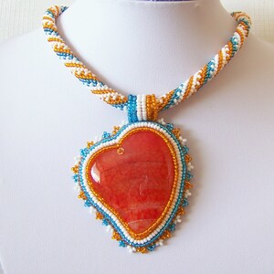 Bead Embroidery Beadwork Pendant Necklace with Orange Agate - ORANGE HEART - heart necklace - statement necklace