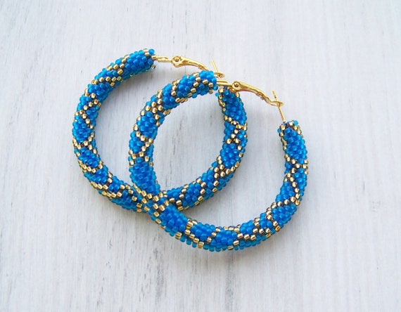 Beaded blue and gold hoop earrings Beadwork beaded jewelry | Etsy