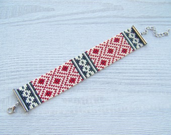 Geometric print bracelet, native pattern loom Adjustable Miyuki Delica beads bracelet, seed bead flat bracelet