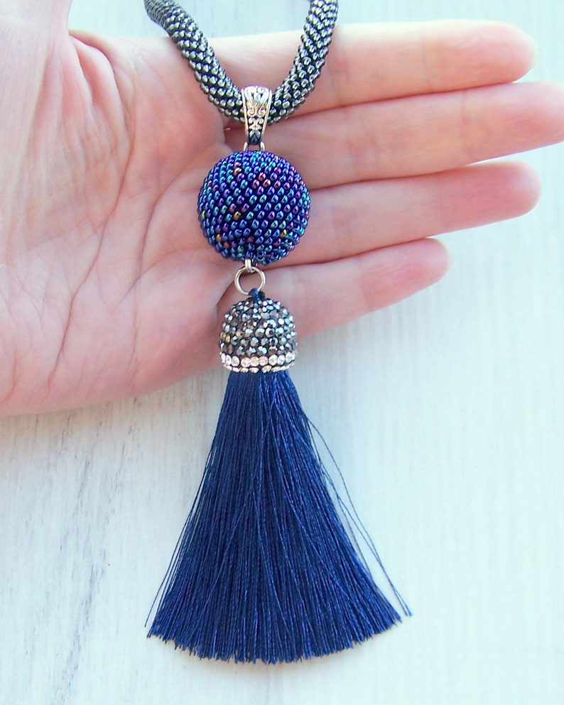 Beaded tassel necklace Statement Blue Tassle necklace Etsy