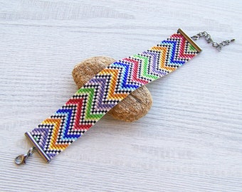 Colorful Geometric bracelet, Adjustable Miyuki Delica beads bracelet, woven loom square stitch jewelry, boho seed bead flat bracelet