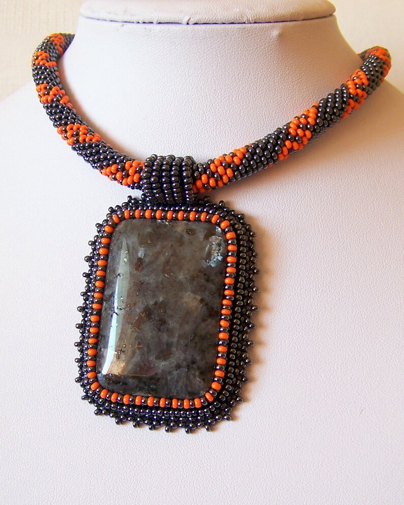 Bead Embroidery Necklace Pendant Beadwork With Larvikite THE Etsy