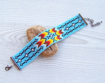 Ethnic Modern bracelet, Blue woven loom Adjustable Miyuki Delica beads bracelet, seed bead flat bracelet