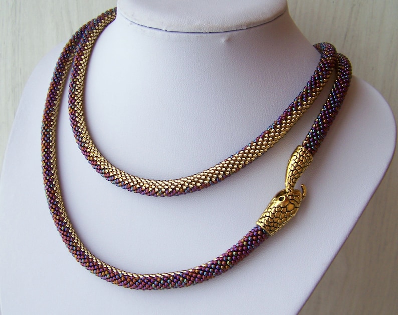 Shiny Long Snake Necklace - Beaded Snake Necklace - Bead Crochet Beadwork Serpent Necklace - Elegant office style ombre Rope Necklace image 5