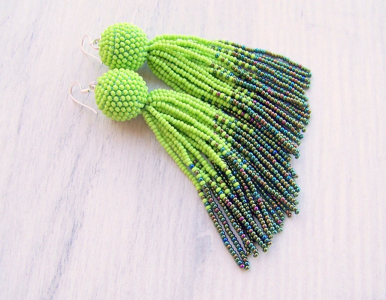 Lime Green and Iridescent Green Beaded Tassel Earrings - Etsy