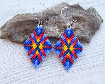 Pendientes de cuentas, pendientes geométricos de cuentas azul degradado, pendientes de cuentas romboidales con forma de diamante, pendientes bohemios, pendientes de cuentas Miyuki Delica