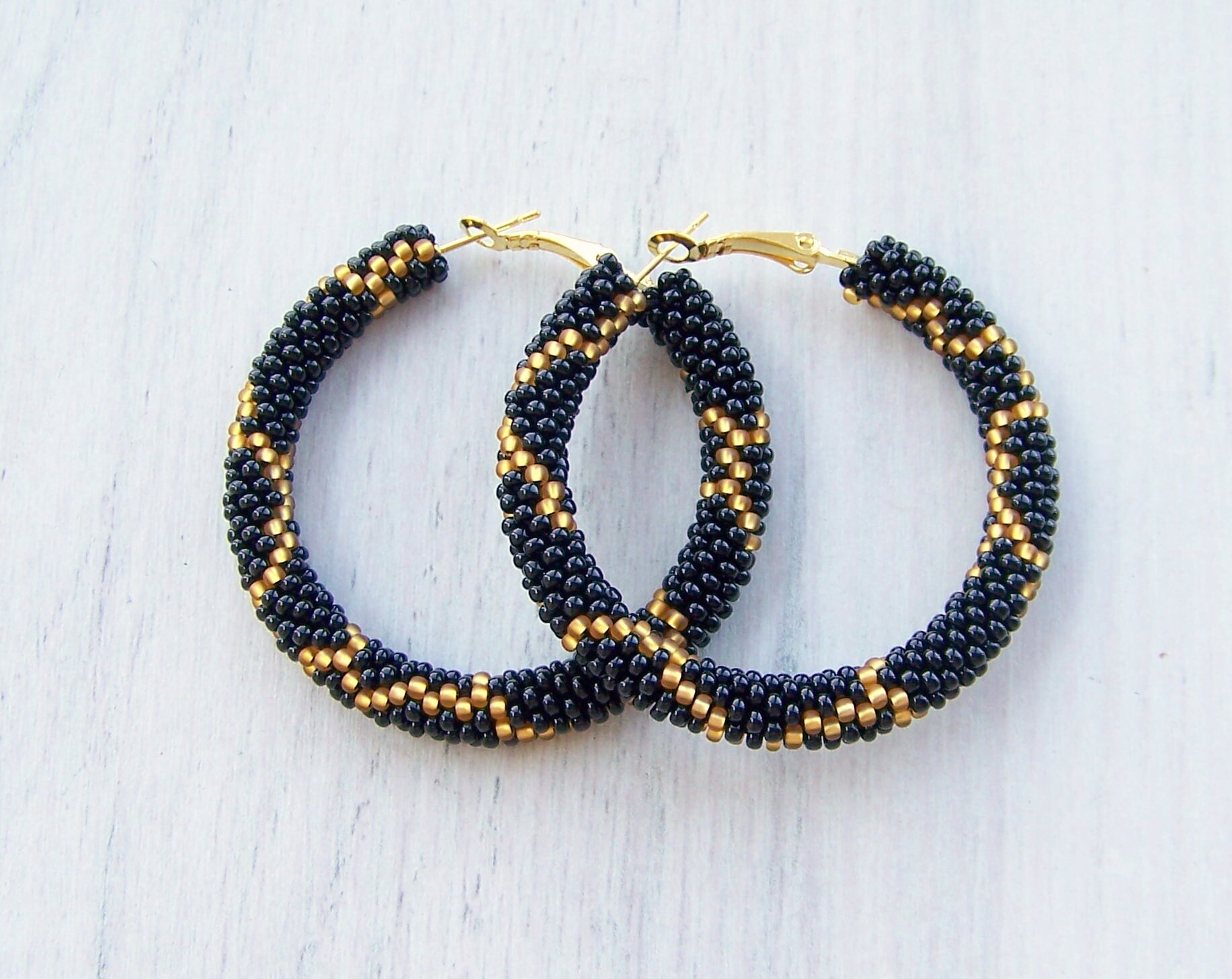 Beaded Hoop Earrings in Black and Gold Snake Earrings | Etsy
