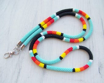 African lanyard with ID holder - woman beaded lanyard - Colorful bead crochet lanyard - ID card holder - nurse lanyard ID holder
