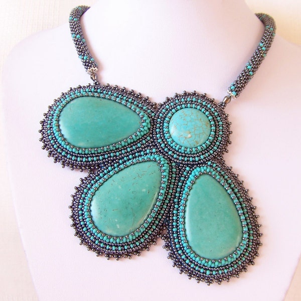 Statement Beadwork Bead Embroidery Pendant Necklace with Turquoise - TURQUOISE FLOWER - grey hematite - turquoise