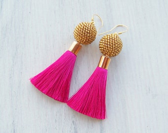 Hot Pink and Gold Short Tassel earrings - Bright Beaded Ball Tassel earrings - Handmade Boho Chic Tassels - Oscar style silk tassel earrings