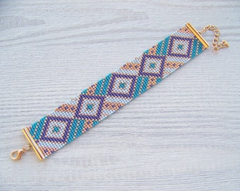 Geometric print bracelet, Adjustable Miyuki Delica beads bracelet, woven loom square stitch jewelry, boho seed bead flat bracelet