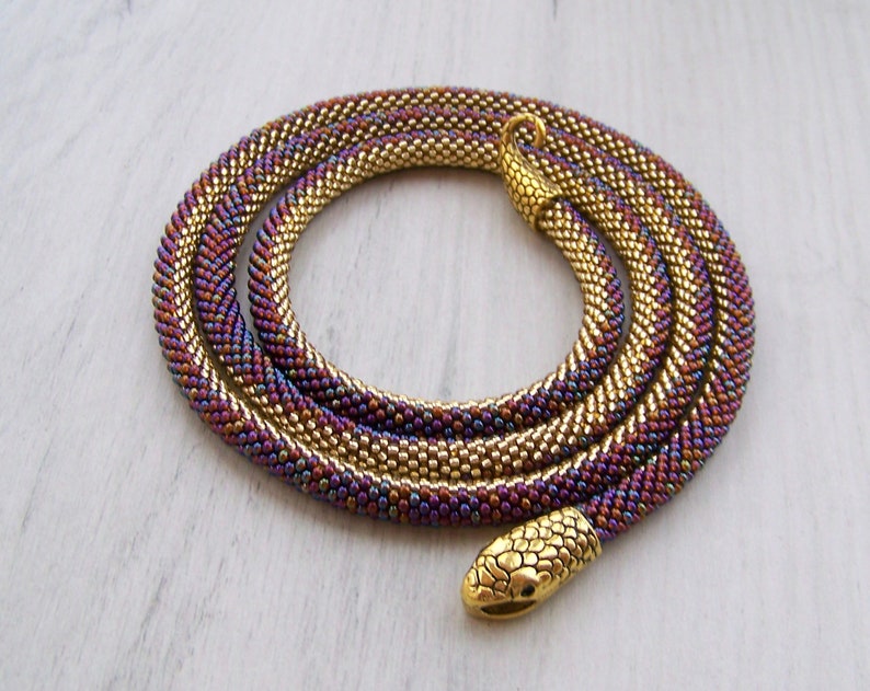Shiny Long Snake Necklace - Beaded Snake Necklace - Bead Crochet Beadwork Serpent Necklace - Elegant office style ombre Rope Necklace image 2