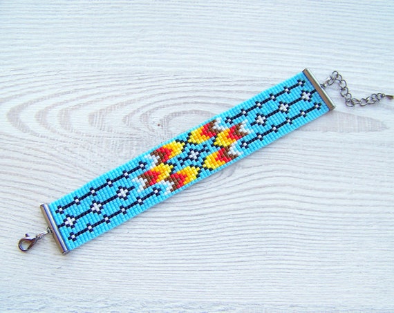 Ethnic Modern Bracelet, Blue Woven Loom Adjustable Miyuki