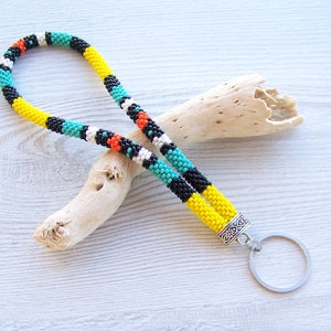 Beaded colorful keychain, Wrist keychain, Beaded key fob, Multi color modern beaded wristlet, Bead crochet keychain, Beadwork  wristlet