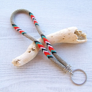 Ethnic beaded key chain, Native wrist keychain, Beaded key fob, Grey beaded wristlet, Bead crochet keychain, Beadwork  wristlet