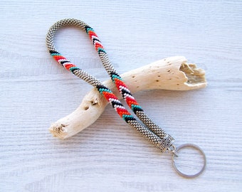 Native Style Czech Glass Seed Bead Crochet Keychain, Beaded Wristlet