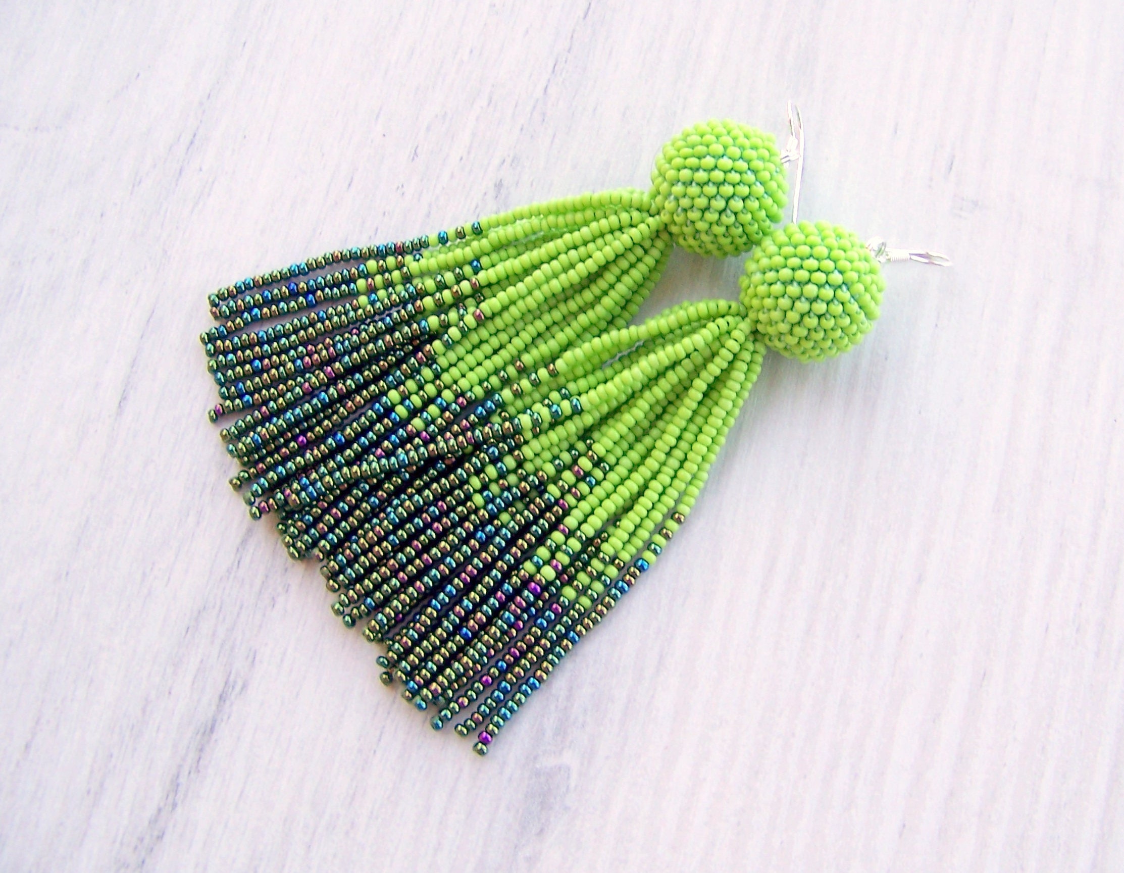 Lime Green and Iridescent Green Beaded Tassel Earrings | Etsy