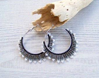 Beaded hoop earrings in shiny black and white, lightweight earrings with Miyuki Delica beads, Beadwork seed beads earrings, Modern earrings