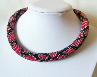 Pink Snake necklace - Bead Crochet  necklace - Snake skin necklace - Python skin necklace - Beadwork Jewelry - modern necklace