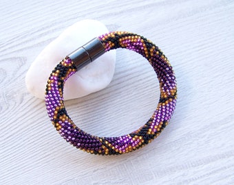Bead Crochet Statement Ouroboros bracelet - Purple Snake bracelet - Modern Beaded Rope bracelet - Shiny Snake Serpent chunky bracelet