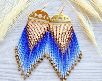 Long bohemian beaded fringe earrings made of miyuki Delica beads, ombre gold, bronze and blue shades statement earrings with brass cubes