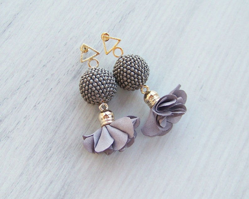 Beaded Ball Dangle Earrings Gray fabric flower earrings Etsy