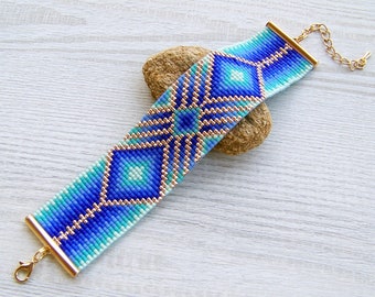 Blue Geometric ombre bracelet, Adjustable Miyuki Delica beads bracelet, colorful woven loom square stitch jewelry, seed bead flat bracelet