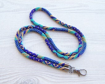 Blue Gold Patchwork bead crochet lanyard - modern long lanyard with id holder - woman beaded lanyard - teacher nurse ID card holder