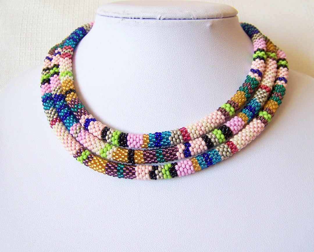 Long Beaded Crochet Rope Necklace Beadwork Seed Beads Etsy