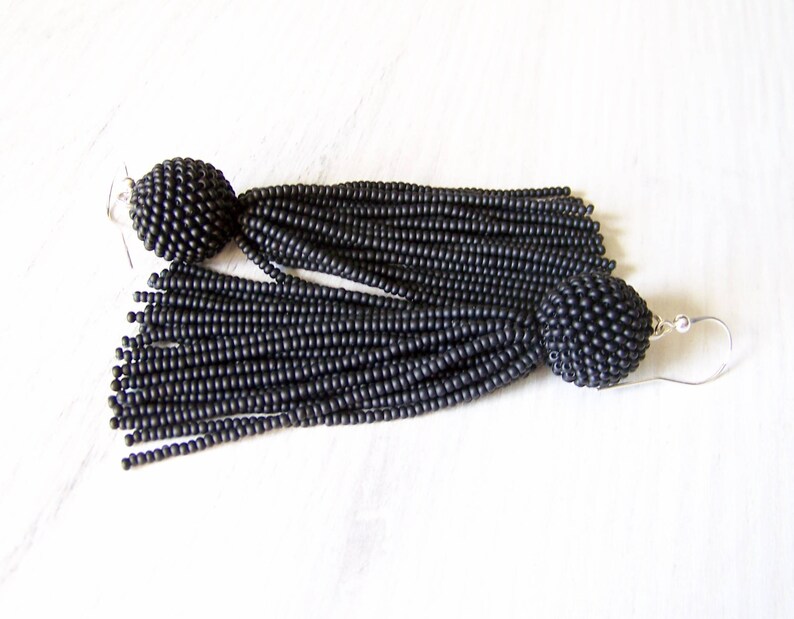 Matt Black Beaded Tassel Earrings Statement Tassle Earrings Etsy