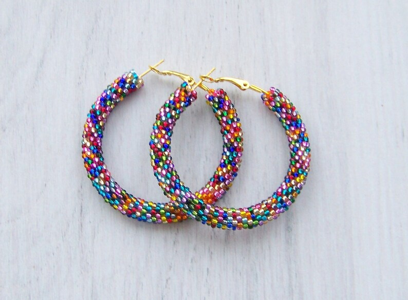 Beaded Colorful Hoop Mosaic Earrings Beadwork Beaded - Etsy