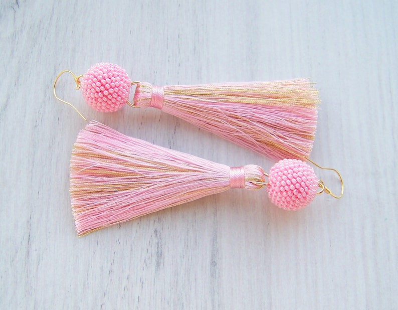 Fringe earrings Lightweight Dangle long tassle earrings Pink and Gold silk tassel and beaded ball earrings Statement Earrings