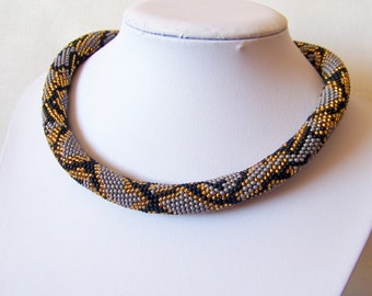 Grey Snake necklace - Bead Crochet  necklace - Snake skin necklace - Python skin necklace - Beadwork Jewelry - modern necklace