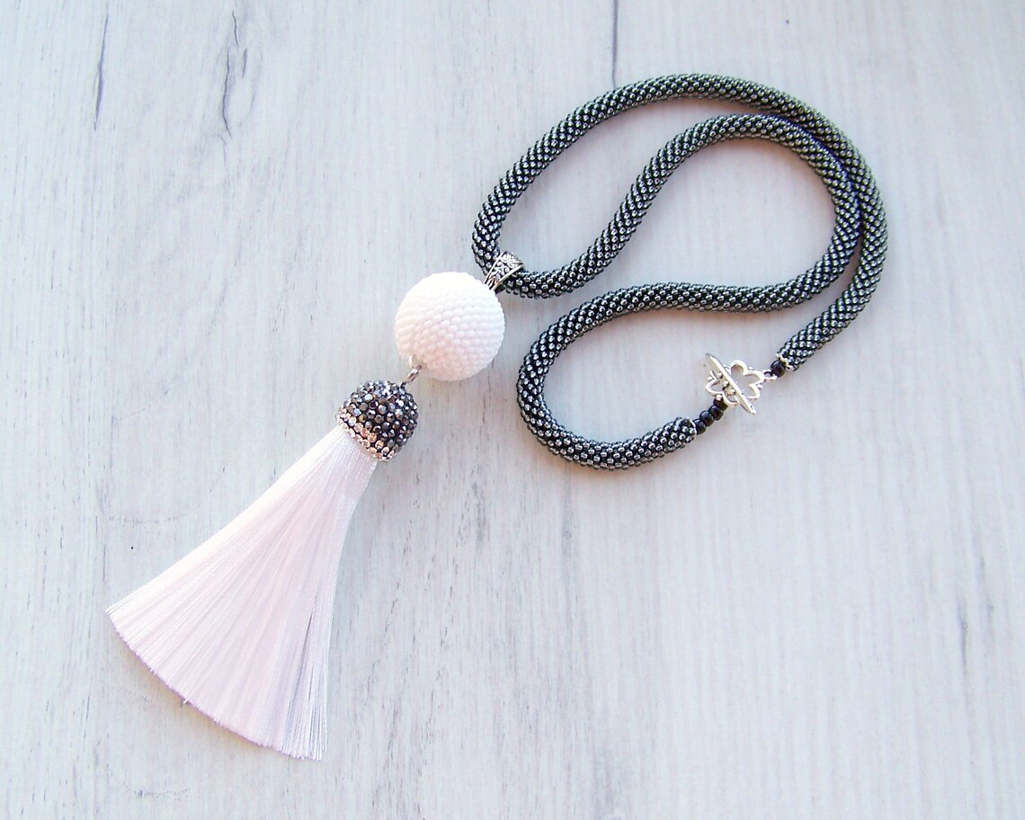 White Tassel Necklace Long Silk Tassle Necklace Summer Etsy UK