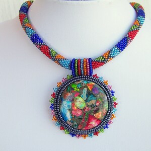 Bead Embroidery Necklace Pendant Beadwork with Rainbow Sea Jasper and Pyrite SUMMER FUN Summer collection Geometric Statement Modern image 2