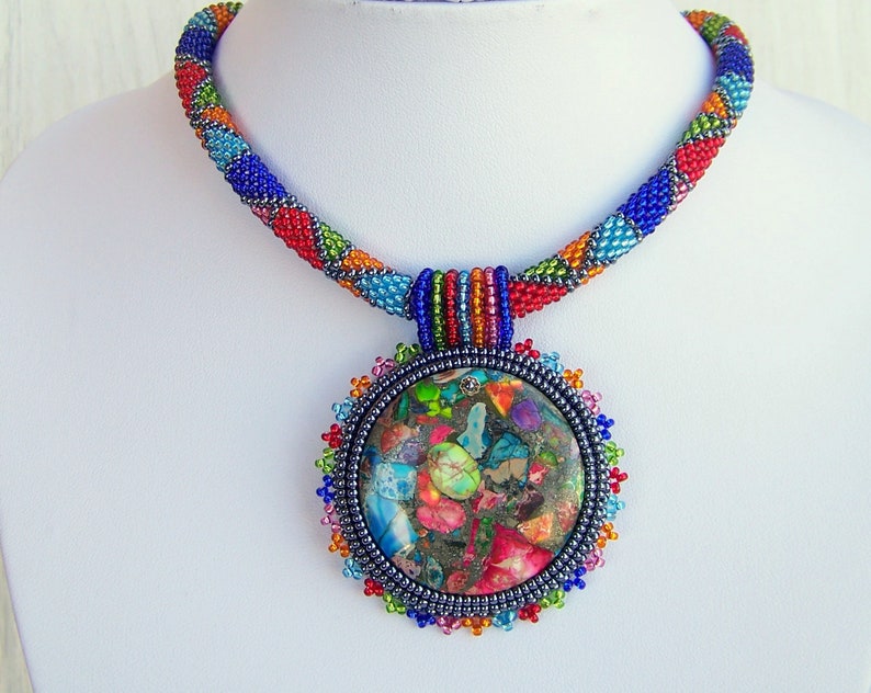 Bead Embroidery Necklace Pendant Beadwork with Rainbow Sea Jasper and Pyrite SUMMER FUN Summer collection Geometric Statement Modern image 2