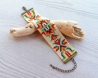 Ethnic Native pattern bracelet, Adjustable Miyuki Delica beads bracelet, woven loom square stitch jewelry, modern bead flat bracelet