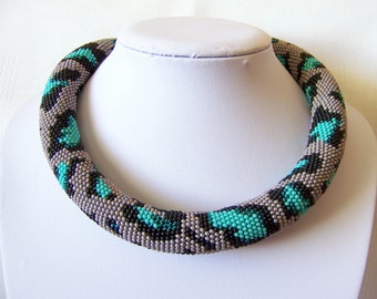 Glamour Leopard necklace - Bead Crochet  necklace - Turquoise, emerald and grey leopard skin necklace - Chunky necklace - modern necklace