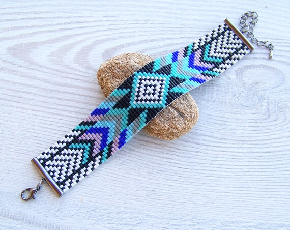 Ethnic Style bracelet, Adjustable Miyuki Delica beads bracelet, colorful woven loom square stitch jewelry, boho seed bead flat bracelet