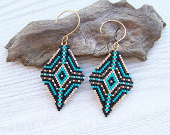 Tribal Beaded Rhombus Earrings, Boho earrings, Beaded Earrings, Geometric turquoise gold Native Bead Earrings, Miyuki Delica Beads Earrings