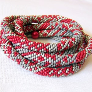 Long Beaded Crochet Rope Necklace Beadwork necklace Wrap necklace Geometric necklace Patchwork necklace Red Grey Silver image 4